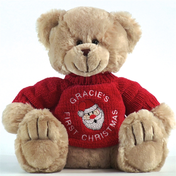 Personalised+First+Christmas+Teddy+Bear+Frankie+Champagne+