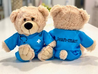 Personalised teddy bear scrubs - blue 28cm